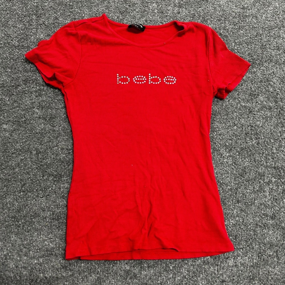 Bebe Shirt Womens Size M Red Rhinestone Logo Ribbed Slim Fit Short Sleeve Tee